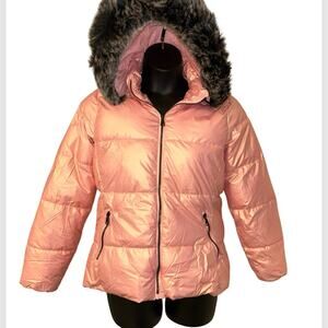 HOW DARE U PINK & GOLD IRIDESCENT SHIMMER PUFFER COAT DETACHABLE FUR HOOD NWT